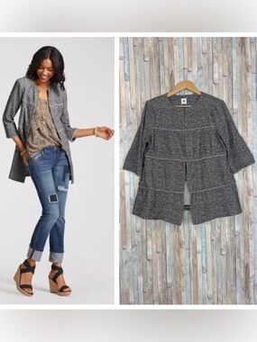 Cabi L Tweed Boucle Knit Longline Jacket Gray Career Office Spring Preppy $179
